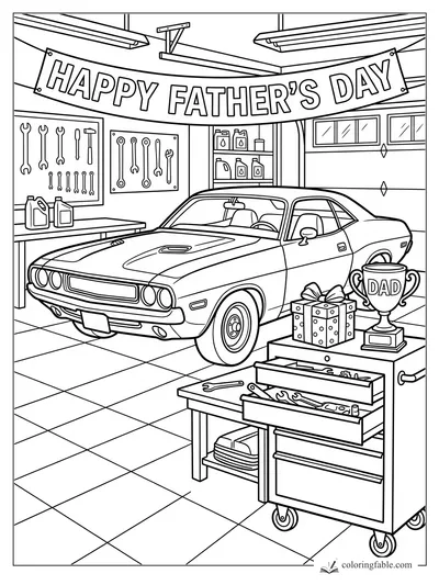 Vintage muscle car in a garage with Happy Father’s Day banner, tools, gift, and Dad trophy