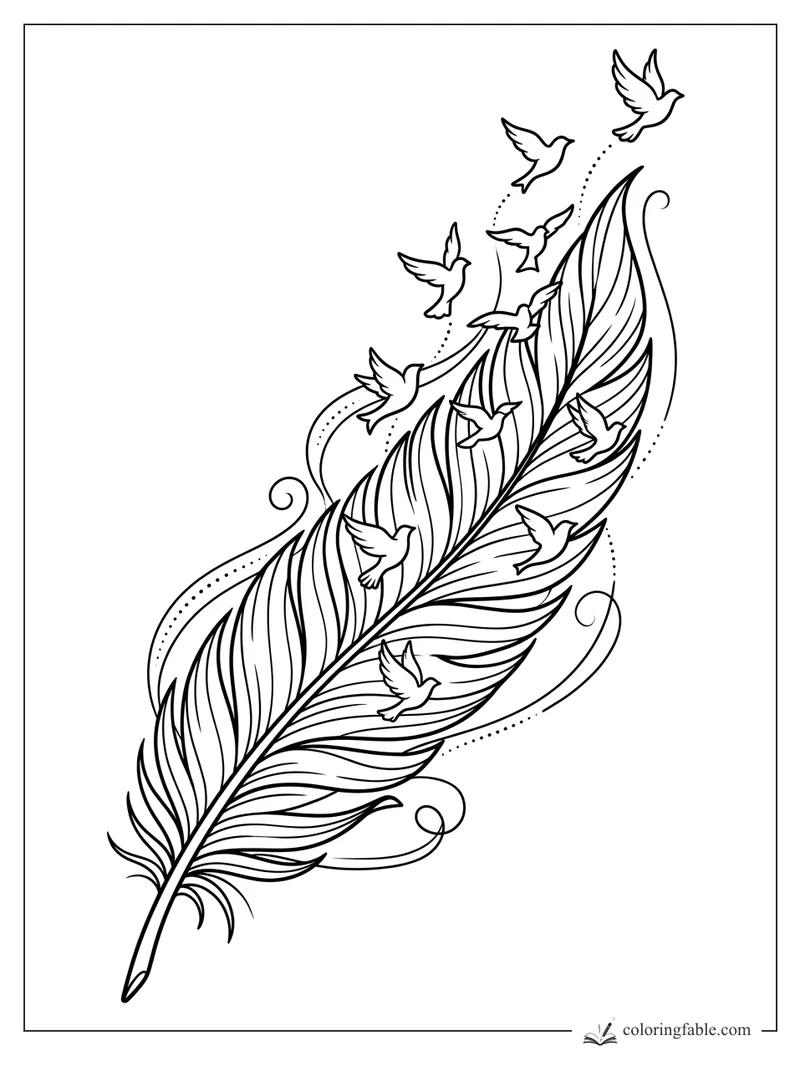 Tattoo-style feather with tiny birds, dotted flight trails, and curling vine-like swirls