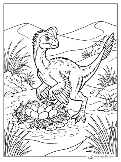 Feathered dinosaur standing beside a twig nest of eggs in a grassy valley with hills and rocks.