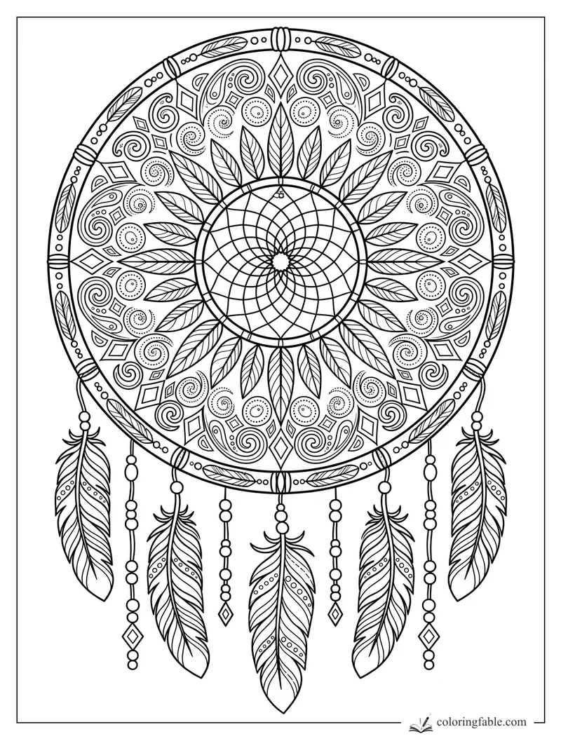Intricate dreamcatcher mandala with leaf spokes, spiral details, beads, and hanging feathers