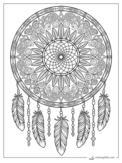 Intricate dreamcatcher mandala with leaf spokes, spiral details, beads, and hanging feathers