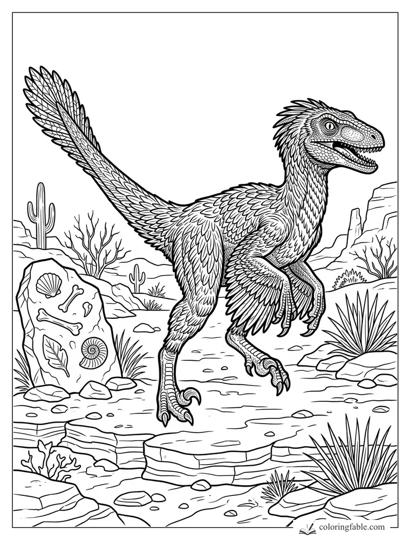 Intricate feathered raptor coloring page with desert cacti, canyon rocks, and fossils in a stone slab