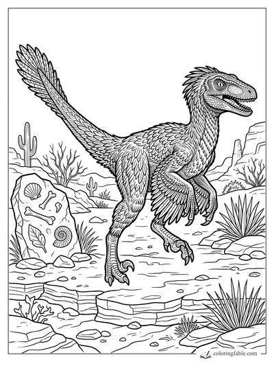 Intricate feathered raptor coloring page with desert cacti, canyon rocks, and fossils in a stone slab
