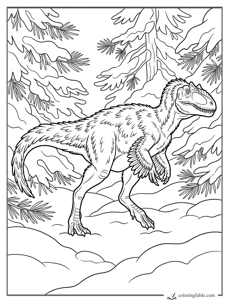 Realistic feathered raptor walking through snow under pine branches