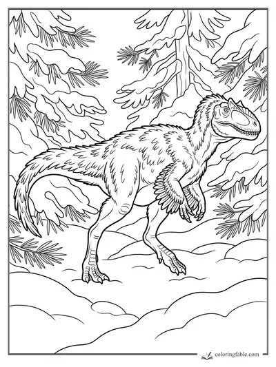 Realistic feathered raptor walking through snow under pine branches