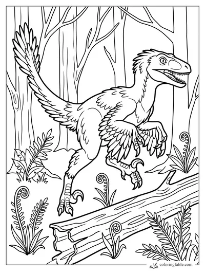 Feathered raptor dinosaur leaping over a fallen log in a fern-filled forest