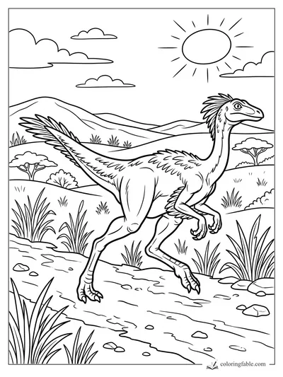 Cartoon feathered raptor running through grassland with hills, acacia trees, clouds, and bright sun
