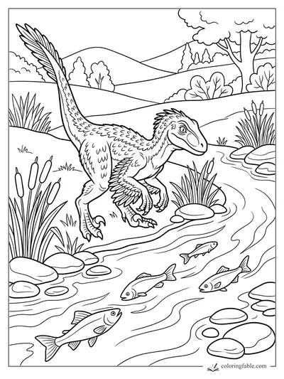 Realistic feathered velociraptor stepping beside a stream with fish, cattails, rocks, hills, and trees.