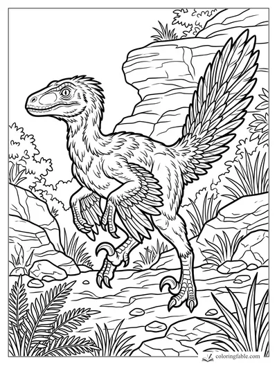 Realistic feathered velociraptor running between rocks, ferns, and a layered cliff.
