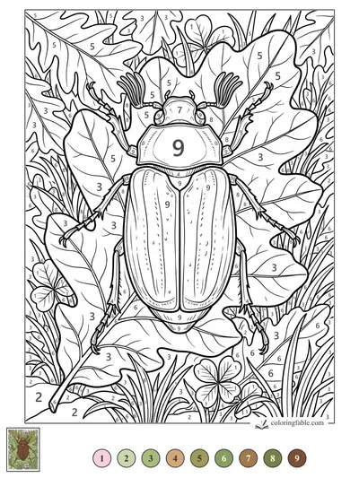 Feathery-Antenna Beetle in Clover and Leaves — color by number