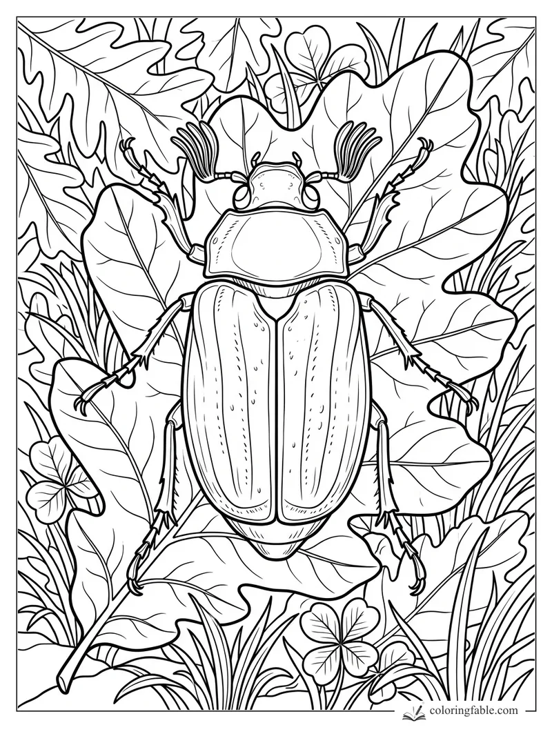 Realistic beetle with fan-shaped antennae among clover, grasses, and broad leaves coloring page