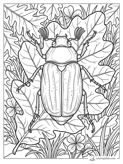 Realistic beetle with fan-shaped antennae among clover, grasses, and broad leaves coloring page