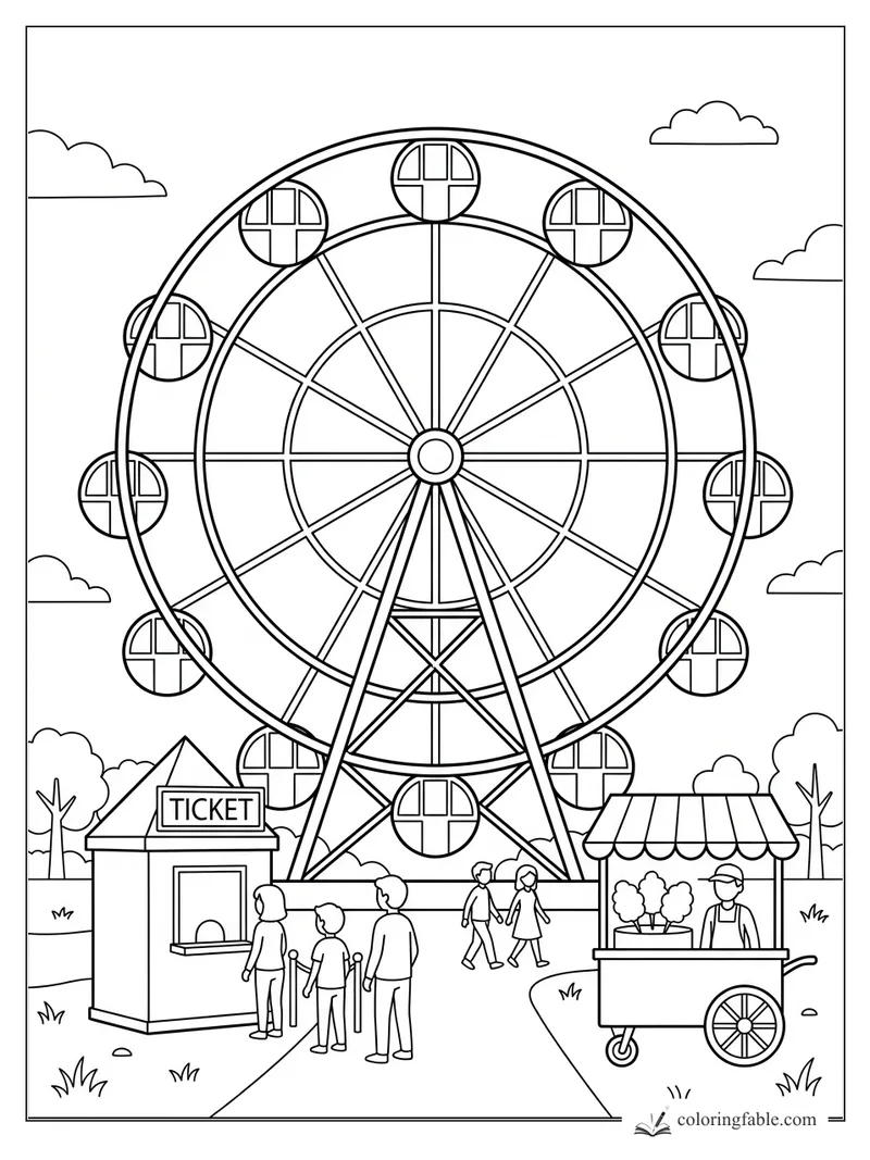 Ferris wheel with round gondolas, ticket booth, fairgoers, and a cotton candy cart at a summer carnival