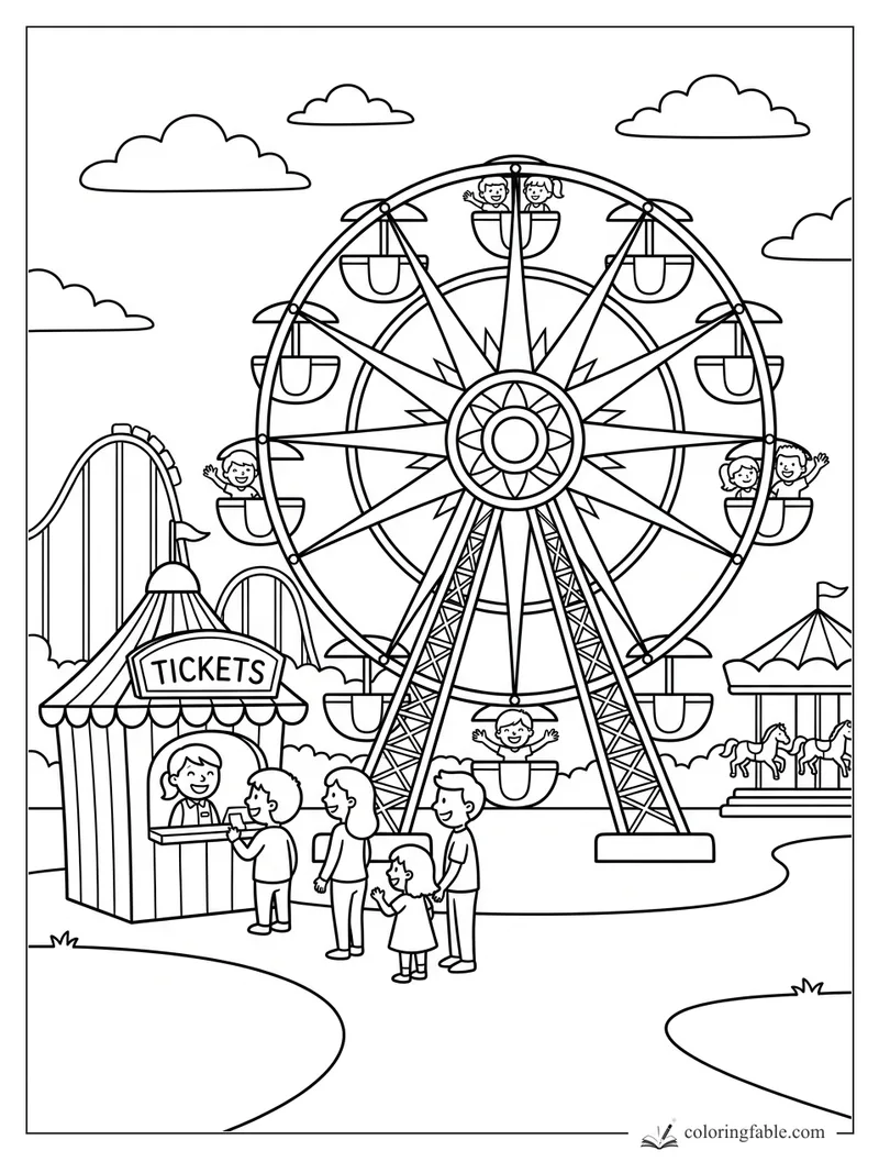 Cartoon vacation fair with Ferris wheel, ticket booth line, roller coaster, carousel, and waving riders.