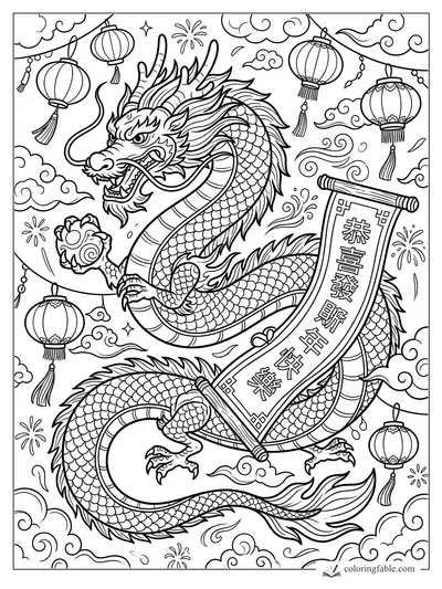 Chinese dragon holding a festive scroll among lanterns, clouds, fireworks, and swirling ribbons