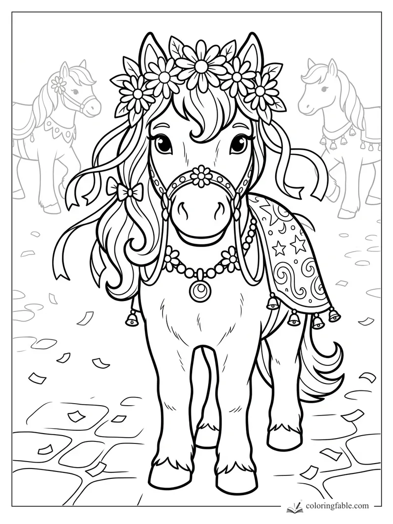 Smiling pony in a flower crown, jeweled bridle, patterned blanket, bells, and confetti on a parade street.