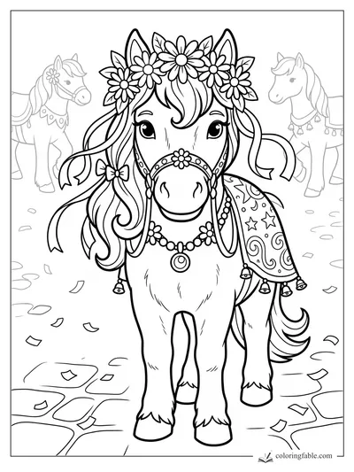 Smiling pony in a flower crown, jeweled bridle, patterned blanket, bells, and confetti on a parade street.