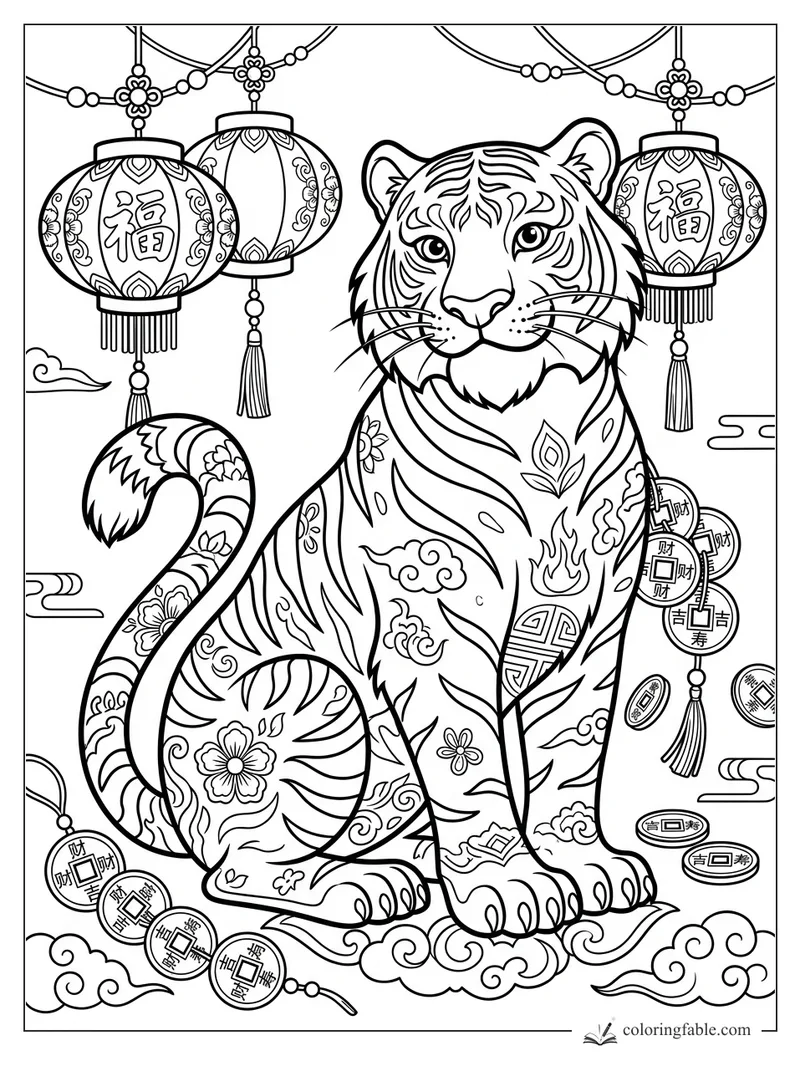 Ornate tiger with floral stripes sitting under lucky lanterns, coins, tassels, and swirling clouds