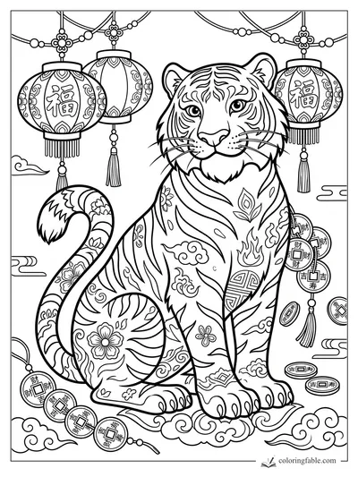 Ornate tiger with floral stripes sitting under lucky lanterns, coins, tassels, and swirling clouds