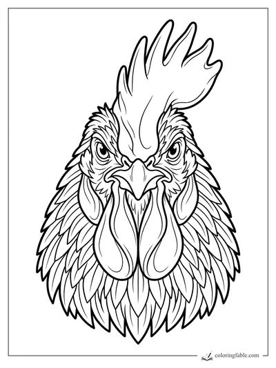 Realistic rooster head coloring page with tall comb, sharp beak, wattles, and layered neck feathers.