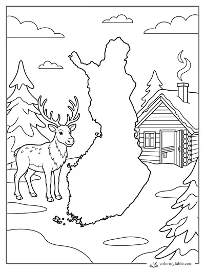 Finland outline with a reindeer, pine trees, log cabin, moon, and clouds coloring page