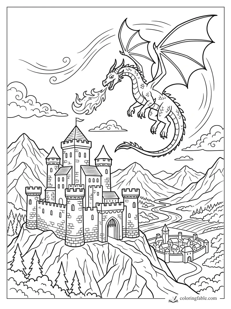 Cartoon dragon breathing fire above a castle, mountains, clouds, and a winding river valley.