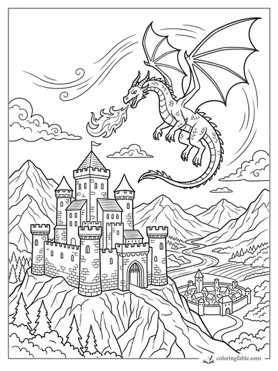 Cartoon dragon breathing fire above a castle, mountains, clouds, and a winding river valley.