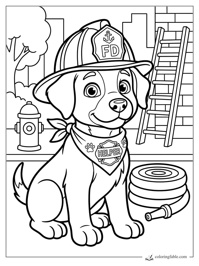 Cartoon puppy in a firefighter helmet and helper bandana beside a hydrant, hose, ladder, and brick wall.
