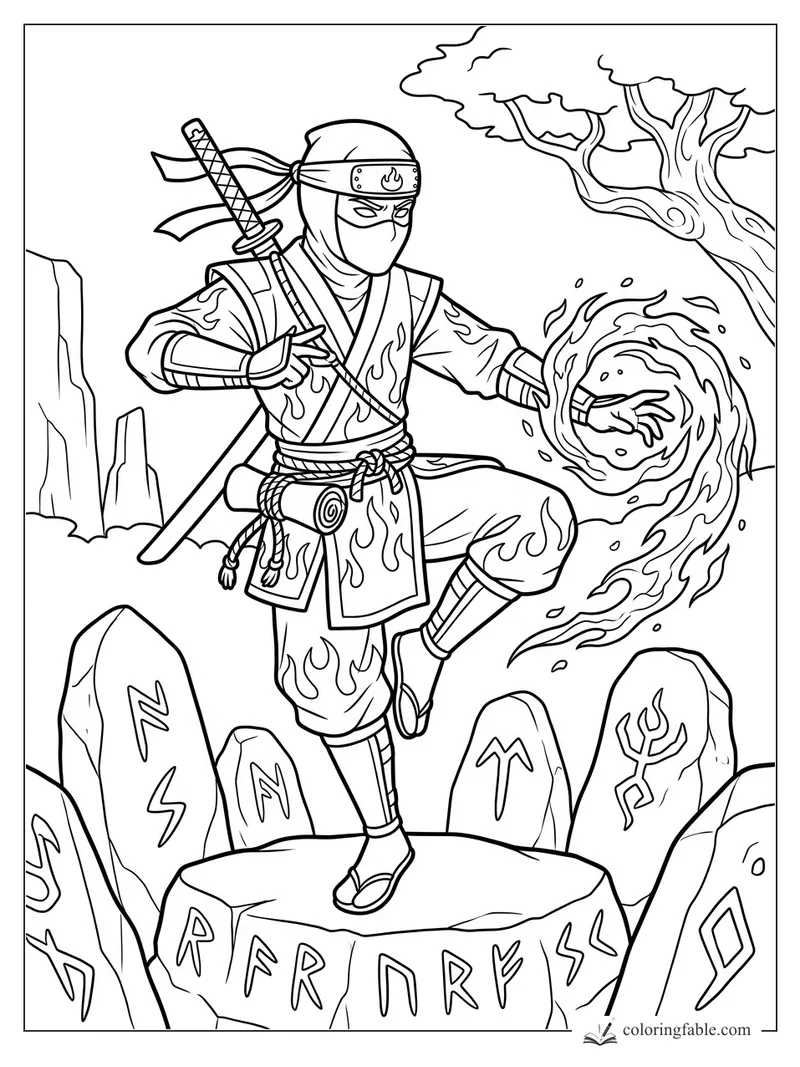 Masked ninja balances on one foot, swirling fire in hand among rune stones and a twisted tree.