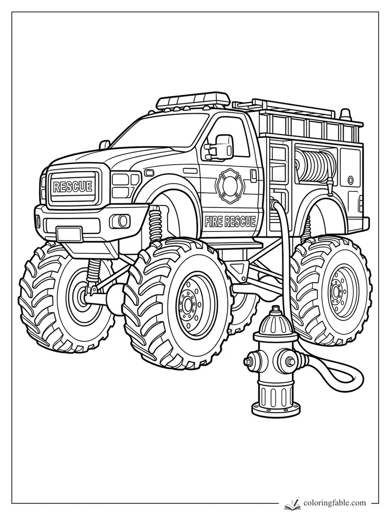 Fire rescue monster truck with giant tires, roof ladder, side hose reel, and hydrant coloring page