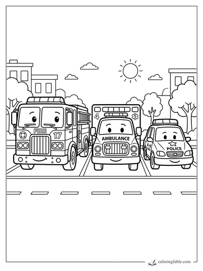 Smiling fire truck, ambulance, and police car lined up on a sunny city street coloring page