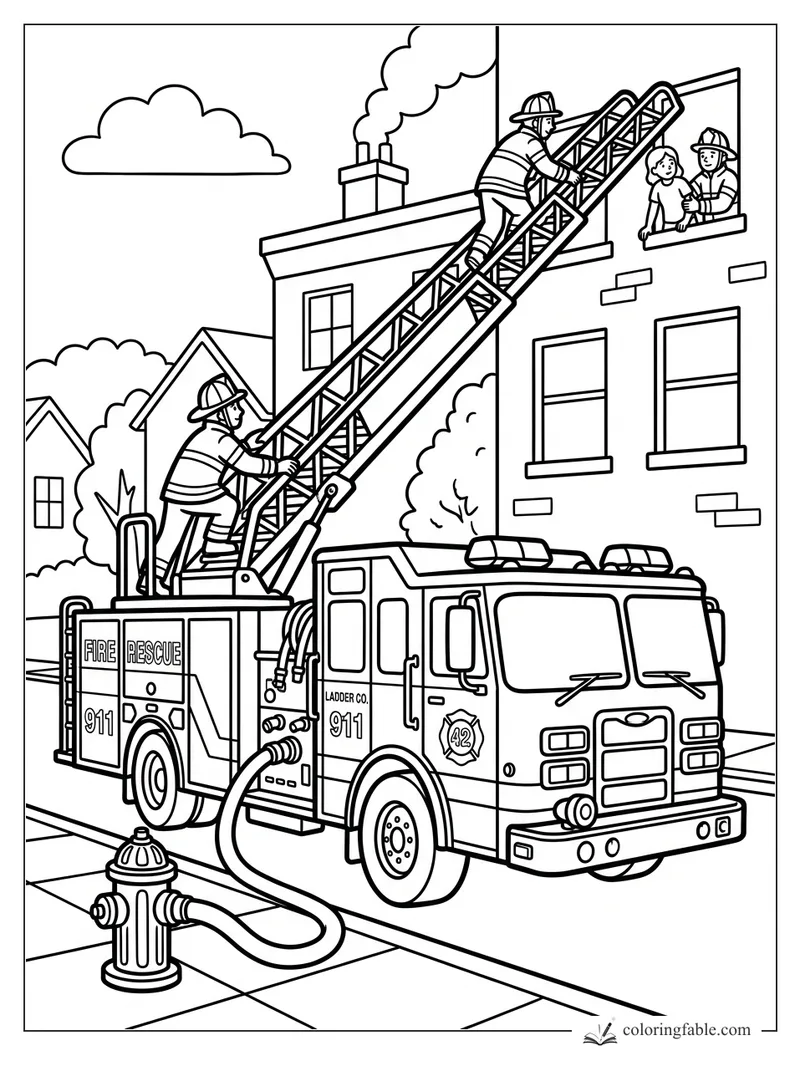 Fire truck with ladder extended to firefighters helping a child at an apartment window.