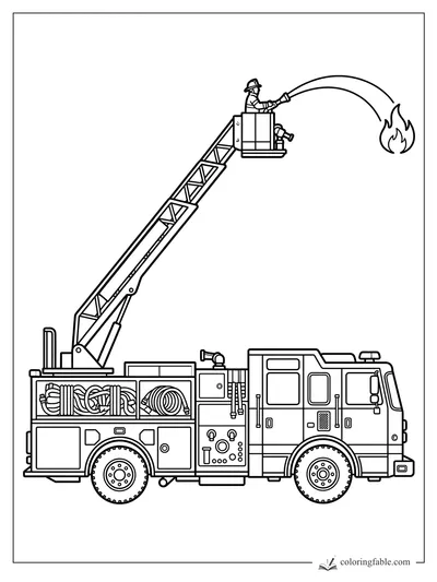 Fire truck with raised ladder, firefighter in bucket spraying water at a flame
