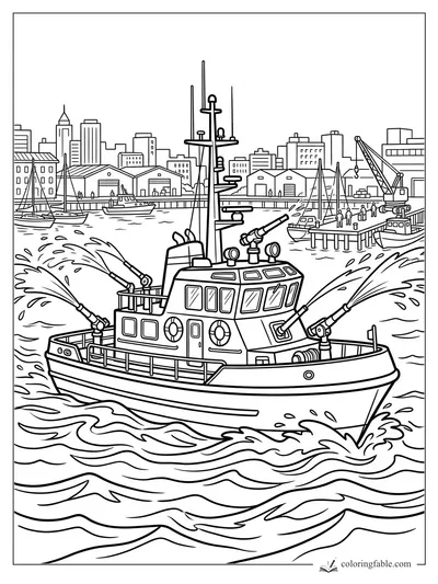 Fireboat spraying arcing water jets in a harbor with docks, sailboats, crane, and city skyline