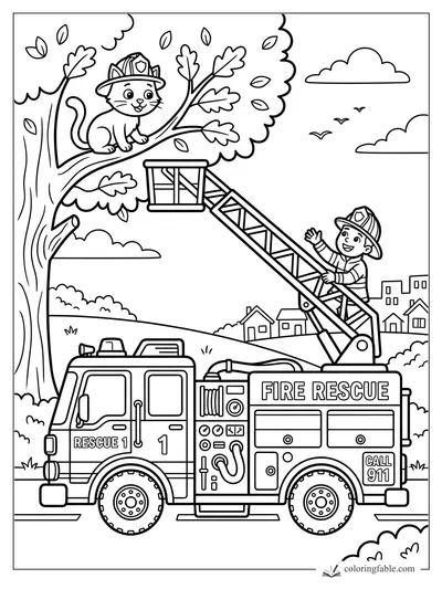 Cartoon fire truck with ladder rescuing a firefighter kitten from a leafy tree