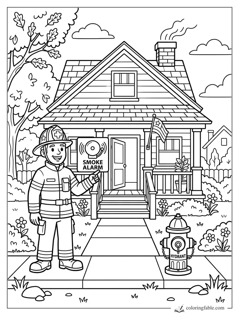Smiling firefighter holds a smoke alarm sign outside a house with chimney, flag, hydrant, trees, and flowers.