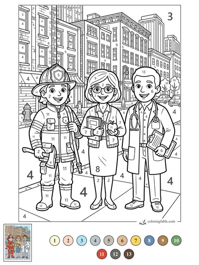 Firefighter, Teacher, and Doctor on a City Block — color by number
