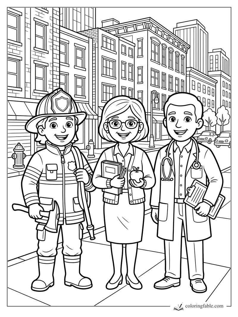 Cartoon firefighter, teacher with books and apple, and doctor standing on a city sidewalk