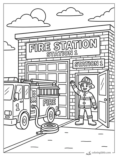 Cartoon fire station with a firefighter waving, fire truck, hose, brick walls, and Station 1 signs.