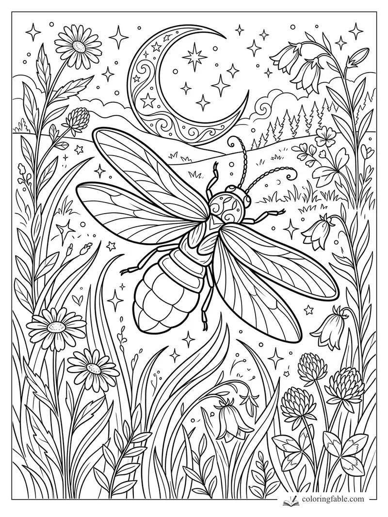 Firefly with veined wings flying through wildflowers beneath a swirled crescent moon and stars