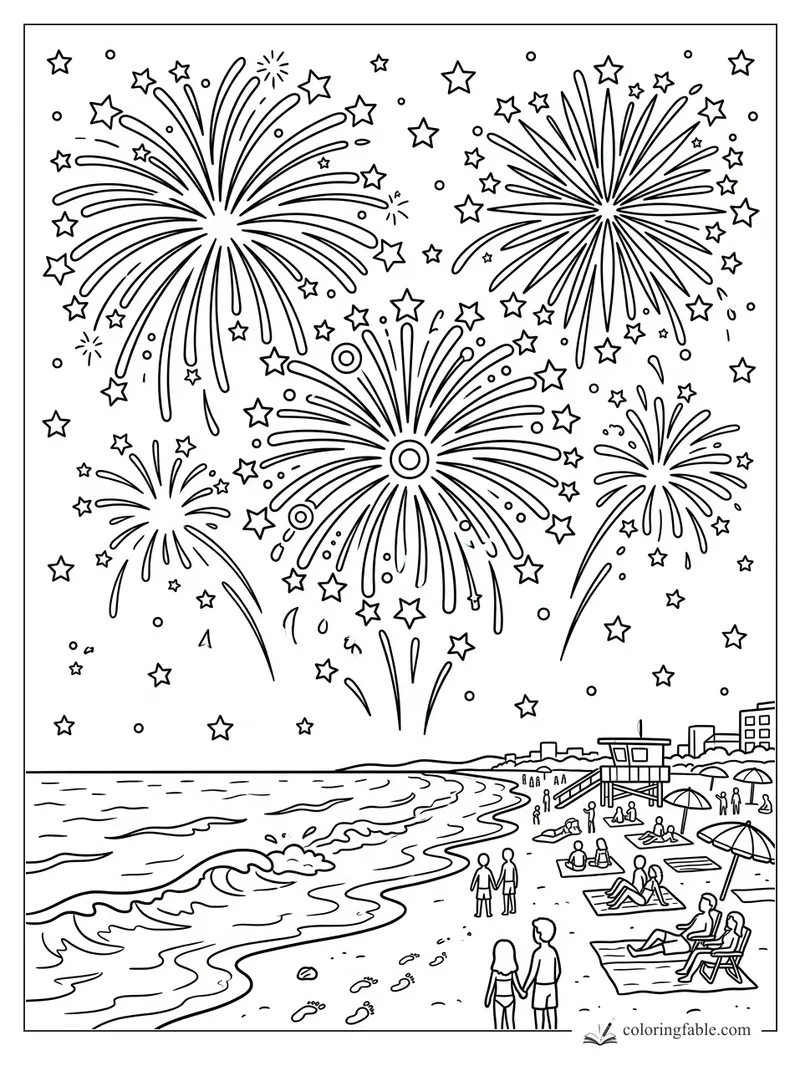 Cartoon beach fireworks over waves, umbrellas, lifeguard tower, city buildings, and stargazing families