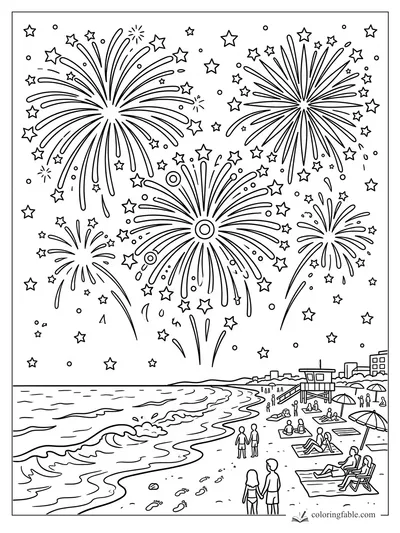 Cartoon beach fireworks over waves, umbrellas, lifeguard tower, city buildings, and stargazing families