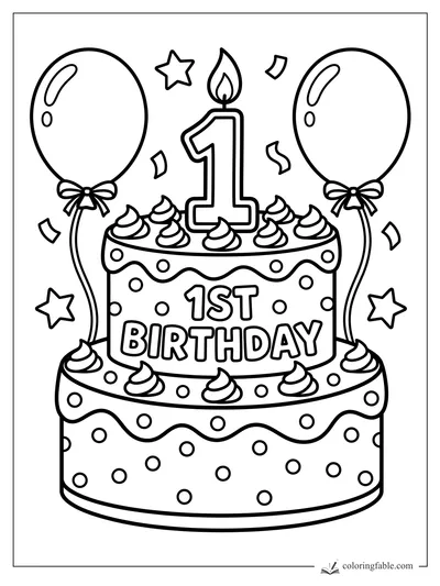 Easy 1st birthday cake coloring page with a number 1 candle, balloons, stars, confetti, and frosting swirls