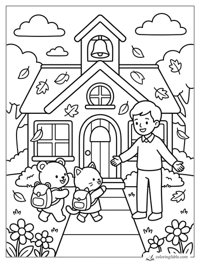 Cozy schoolhouse with a bell, falling leaves, a smiling teacher, and bear and kitten students with backpacks.