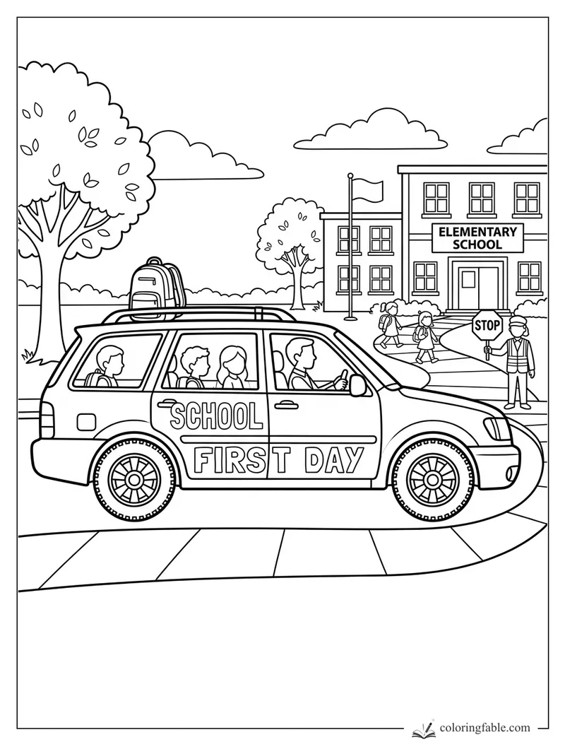 School car with children, roof backpack, crossing guard, stop sign, and elementary school on first day