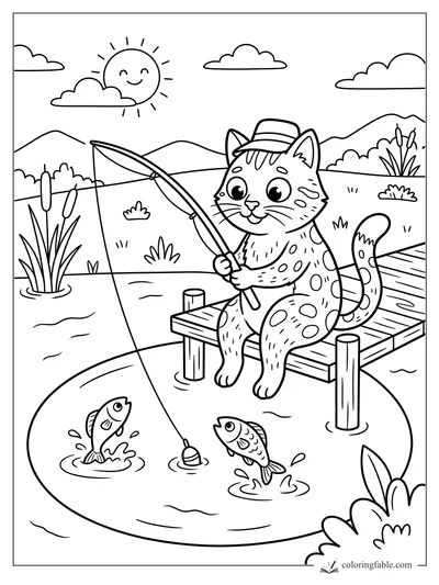 Cartoon cat in a hat fishing from a wooden dock as two fish jump in a sunny pond.