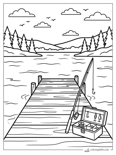 Easy coloring page of a fishing rod, open tackle box, wooden dock, lake, pine trees, hills, clouds, and birds