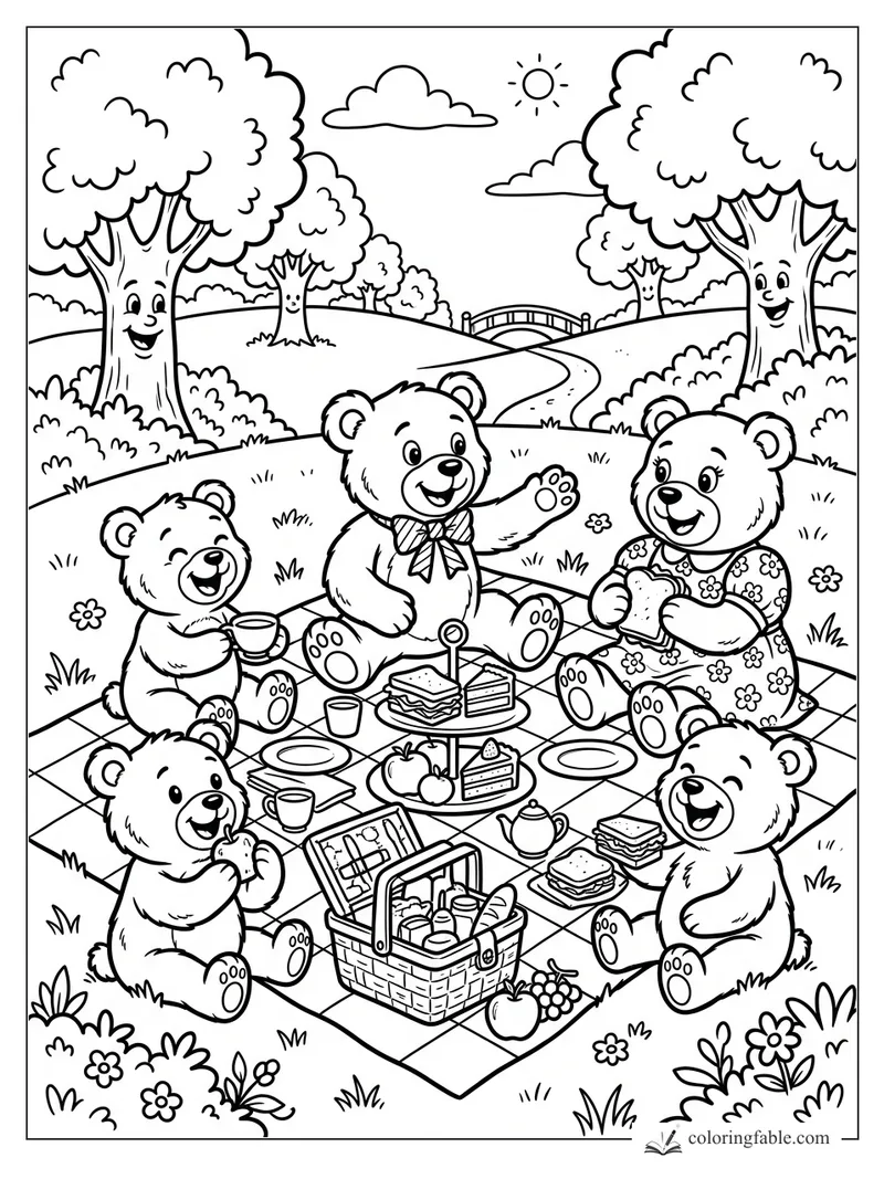 Five smiling bear cubs share sandwiches, fruit, tea, and cake on a checkered picnic blanket in a sunny park.