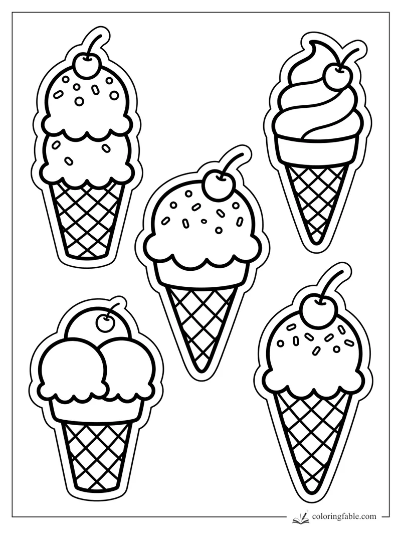 Five ice cream cone stickers with cherries, sprinkles, waffle cones, and soft-serve swirls