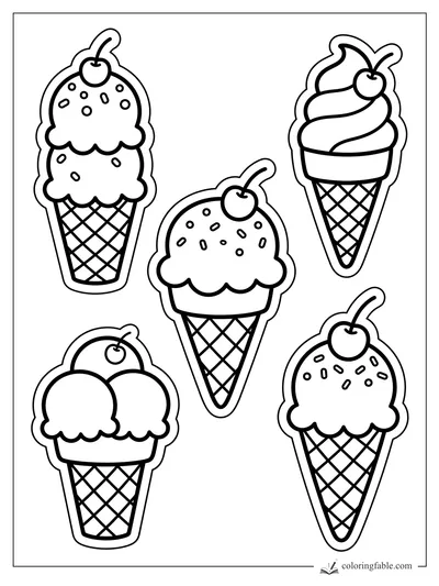 Five ice cream cone stickers with cherries, sprinkles, waffle cones, and soft-serve swirls